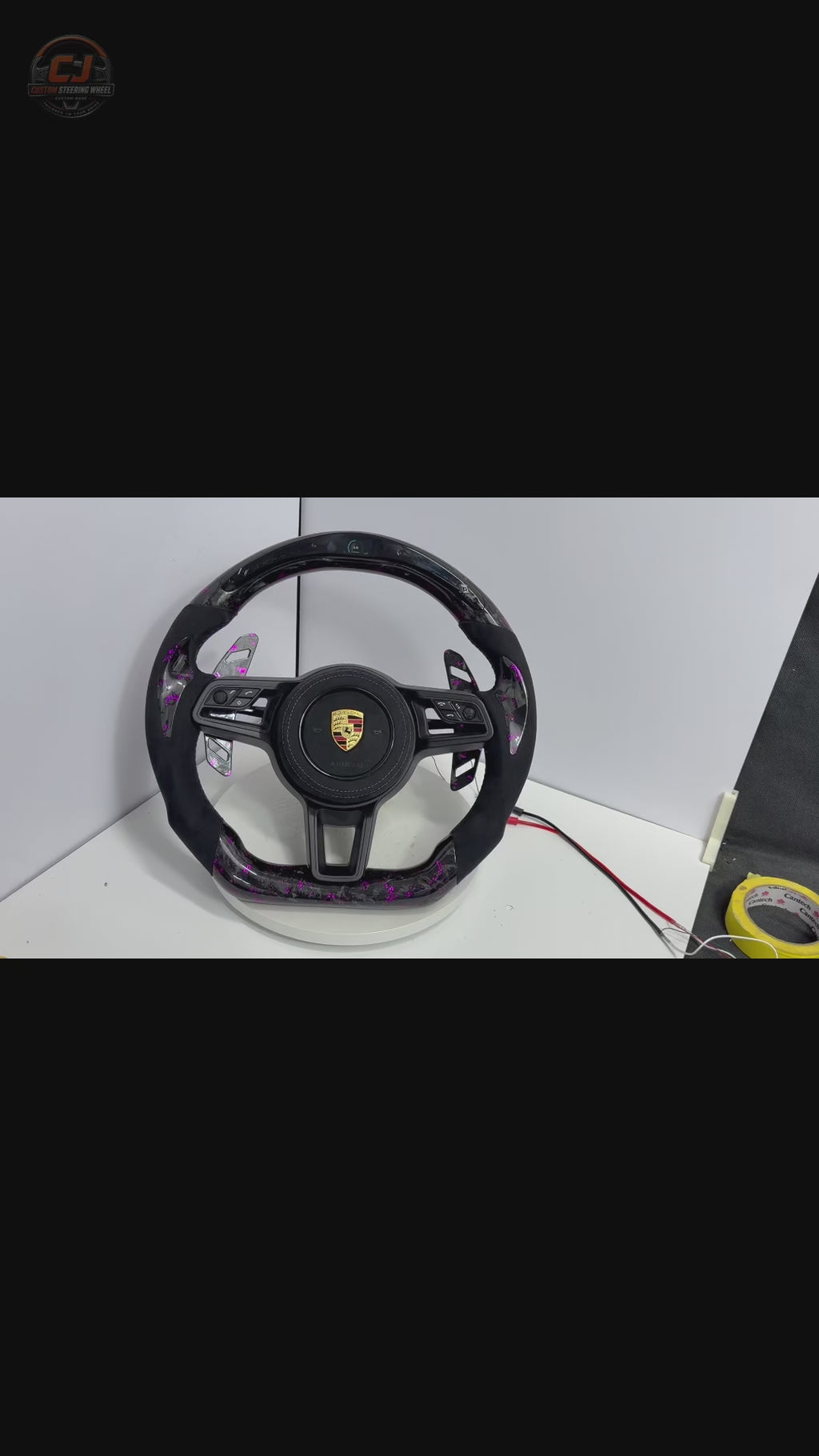 Porsche Custom Forged Carbon Steering Wheel Video with Purple Flake Finish LED RPM Display Alcantara Side Grips for Panamera Cayenne Macan Taycan Cayman Boxster Carrera 911 918 CJ Mod Garage