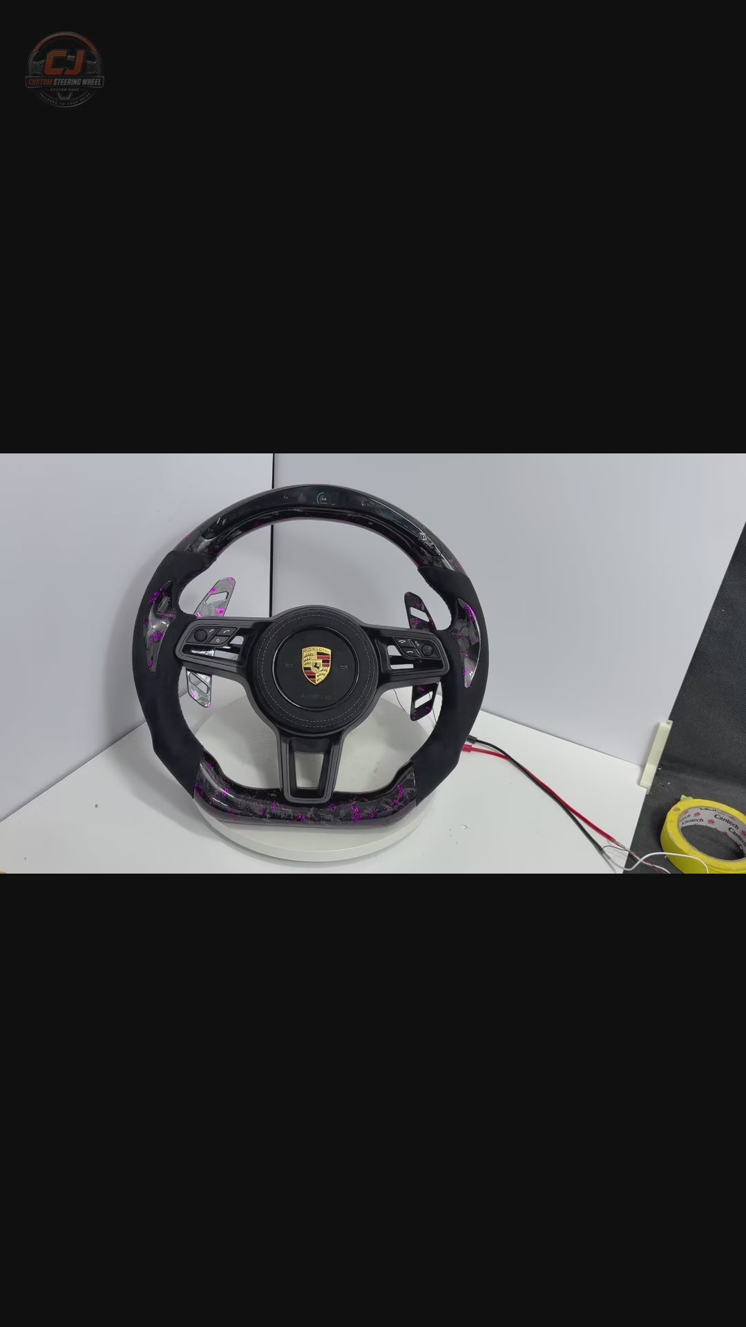 Porsche Custom Forged Carbon Steering Wheel Video with Purple Flake Finish LED RPM Display Alcantara Side Grips for Panamera Cayenne Macan Taycan Cayman Boxster Carrera 911 918 CJ Mod Garage