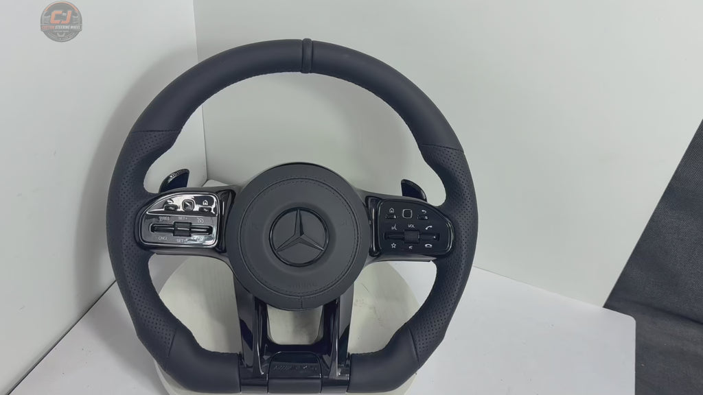 White background Mercedes AMG leather steering wheel video with perforated grips and sporty OEM style for W117 W176 W177 W203 W204 W205 W211 W212 W213 W218 C43 C63 C200 C300 CJ Mod Garage