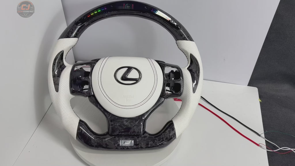 Custom Lexus F Sport Steering Wheel Video Highlighting LED Shift Indicators Forged Carbon Styling White Leather Grips And Premium Craftsmanship For Lexus IS 2014 2020 RC 2015 2020 GS 2013 2020 NX 2015 2021 CT 2014 2022 CJ Mod Garage