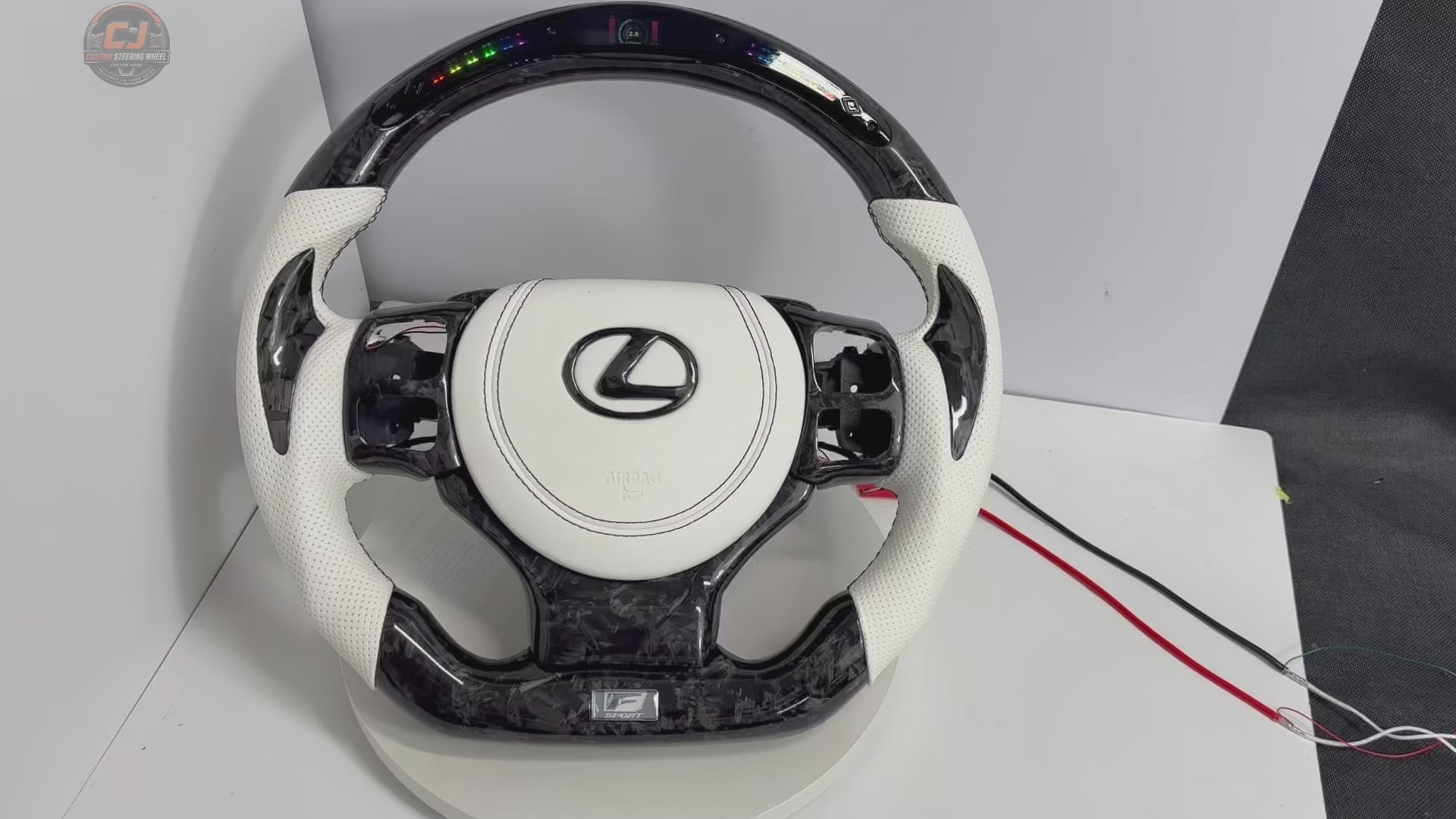 Custom Lexus F Sport Steering Wheel Video Highlighting LED Shift Indicators Forged Carbon Styling White Leather Grips And Premium Craftsmanship For Lexus IS 2014 2020 RC 2015 2020 GS 2013 2020 NX 2015 2021 CT 2014 2022 CJ Mod Garage