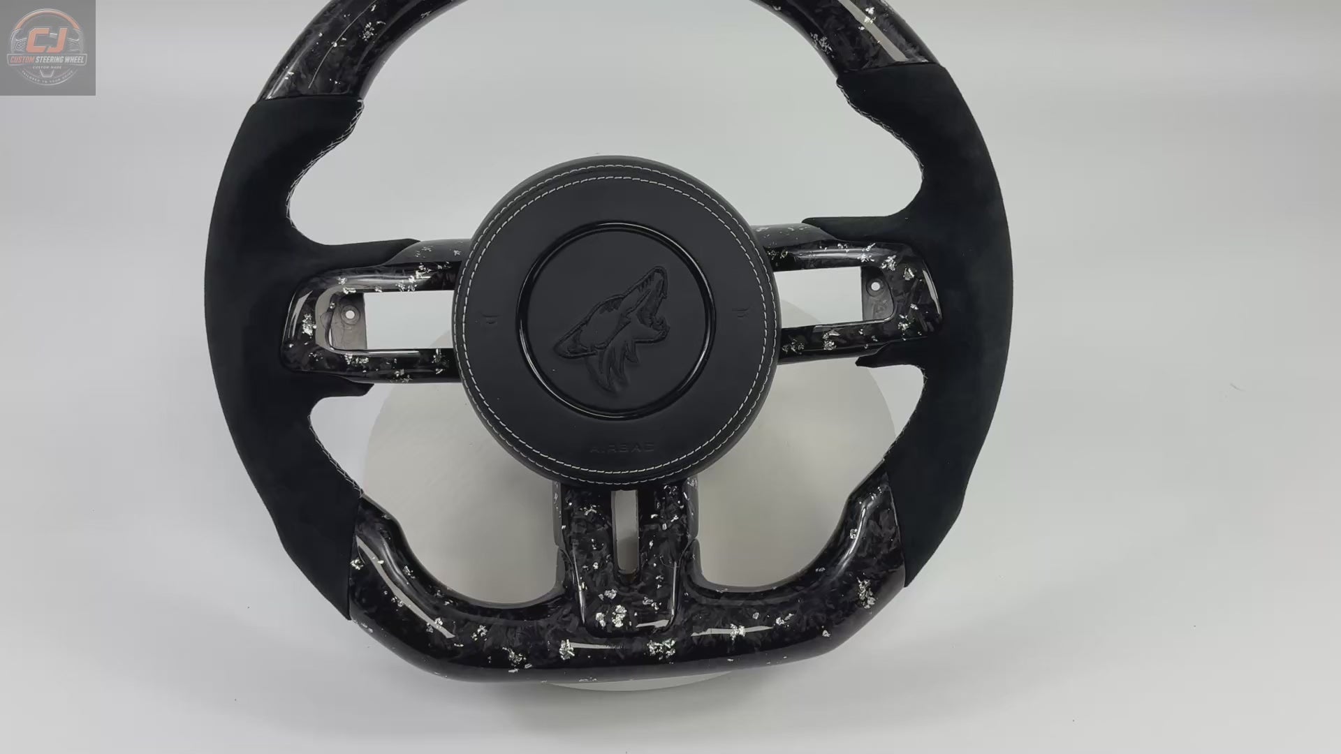 FOR Ford Mustang S550/GT 2015-2023 Carbon Fiber Steering Wheel - Silver Forged Carbon Fiber & Black Alcantara & Airbag Cover - CJ Mod Garage & Video Showcase