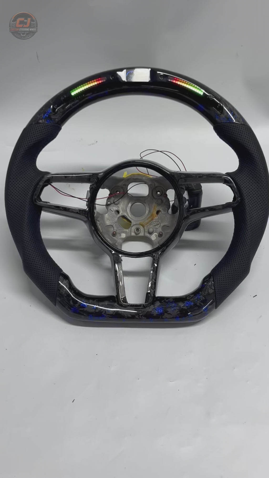 Blue Forged Carbon Porsche Steering Wheel Video Featuring LED Shift Light Display Perforated Leather Grip Custom Stitching for Panamera 970 971 Cayenne 958 Macan 95B Taycan Cayman Boxster 911 CJ Mod Garage