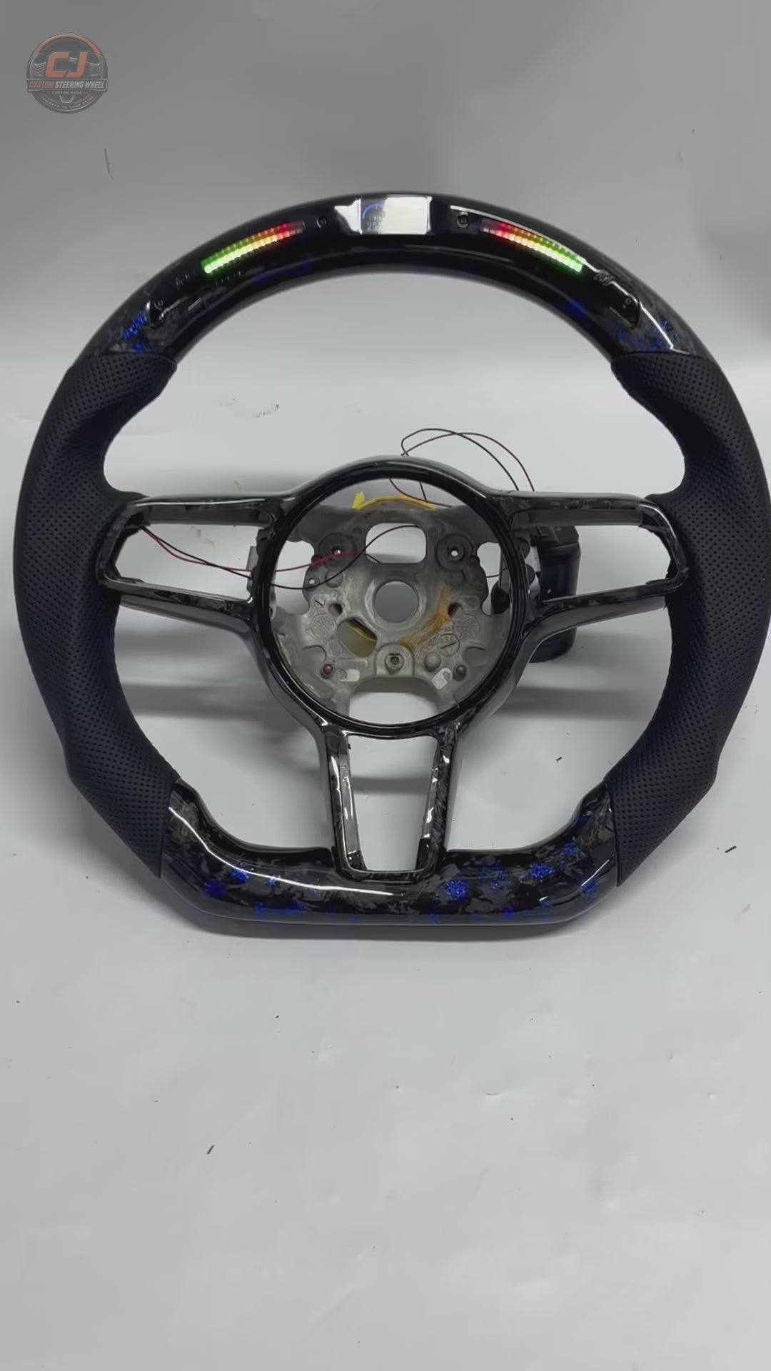 Blue Forged Carbon Porsche Steering Wheel Video Featuring LED Shift Light Display Perforated Leather Grip Custom Stitching for Panamera 970 971 Cayenne 958 Macan 95B Taycan Cayman Boxster 911 CJ Mod Garage