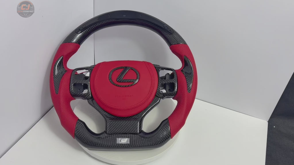 Lexus Custom Steering Wheel Video Showing Carbon Fiber Construction LED Display Shift Lights Red Leather Airbag Cover And Detailed Finish For Lexus IS 2014 2020 RC 2015 2020 GS 2013 2020 NX 2015 2021 CT 2014 2022 CJ Mod Garage