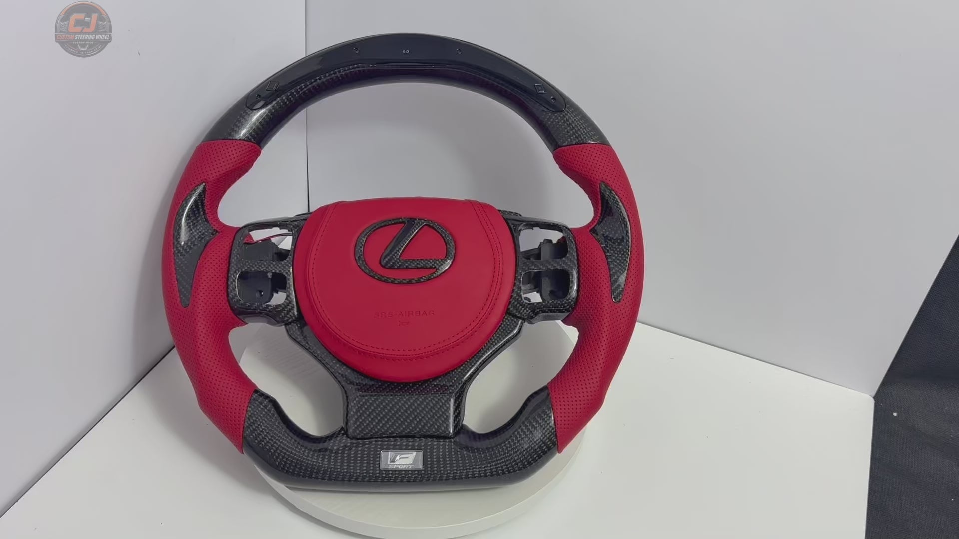 Lexus Custom Steering Wheel Video Showing Carbon Fiber Construction LED Display Shift Lights Red Leather Airbag Cover And Detailed Finish For Lexus IS 2014 2020 RC 2015 2020 GS 2013 2020 NX 2015 2021 CT 2014 2022 CJ Mod Garage
