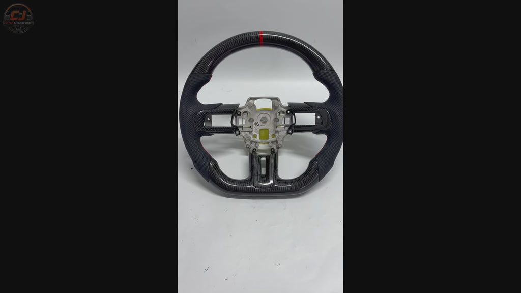 FOR Ford Mustang S550/GT 2015-2023 Carbon Fiber Steering Wheel - Black Carbon Fiber & Black Perforated Leather & Red Stripes - CJ Mod Garage & Video Showcase