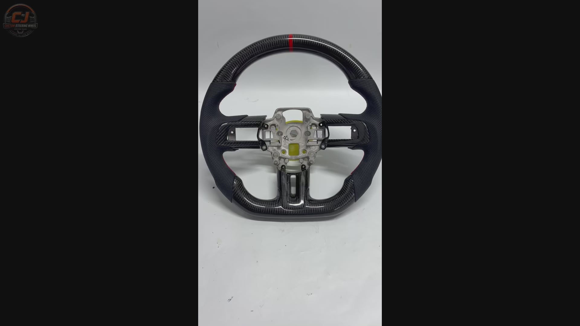FOR Ford Mustang S550/GT 2015-2023 Carbon Fiber Steering Wheel - Black Carbon Fiber & Black Perforated Leather & Red Stripes - CJ Mod Garage & Video Showcase