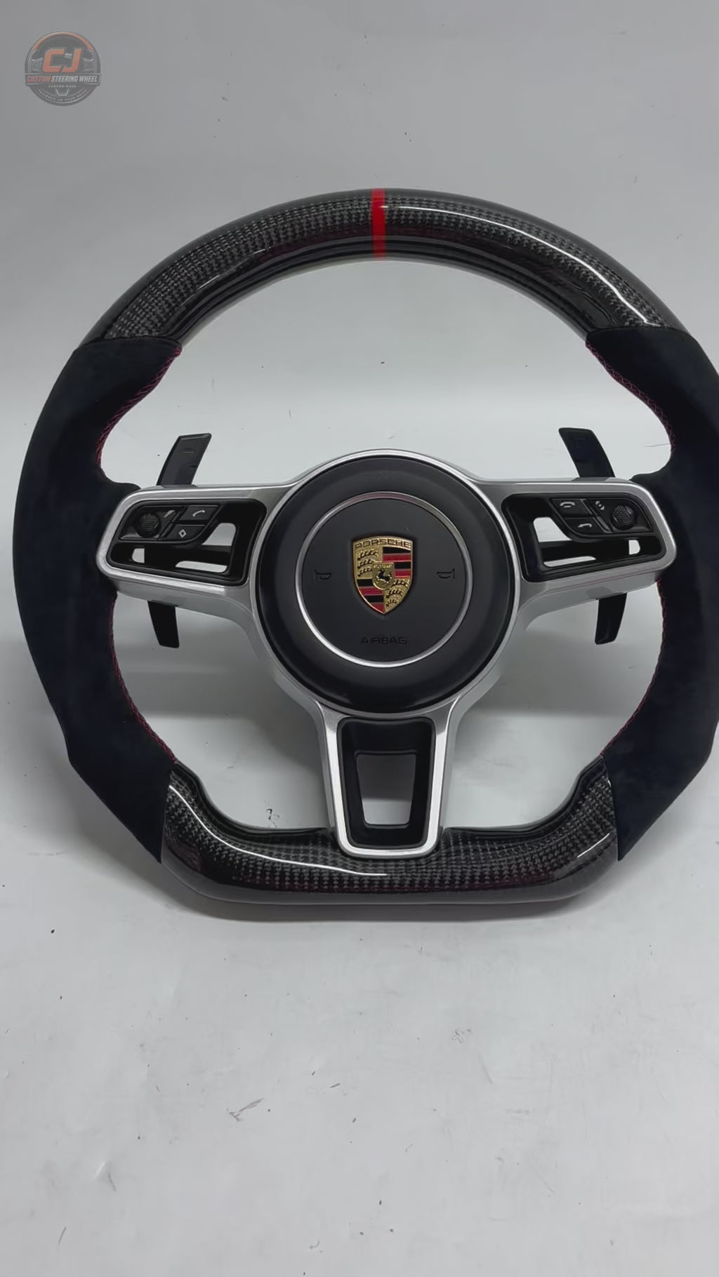 Porsche Custom Steering Wheel Video Featuring Carbon Fiber Construction Alcantara Side Grips Red Center Marker and Sport Controls for 911 Carrera 996 997 1998 2012 918 Spyder 2013 2015 CJ Mod Garage