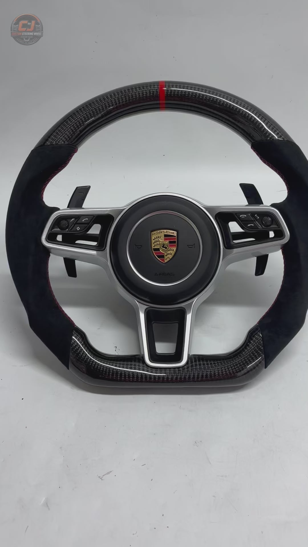 Porsche Custom Steering Wheel Video Featuring Carbon Fiber Construction Alcantara Side Grips Red Center Marker and Sport Controls for 911 Carrera 996 997 1998 2012 918 Spyder 2013 2015 CJ Mod Garage