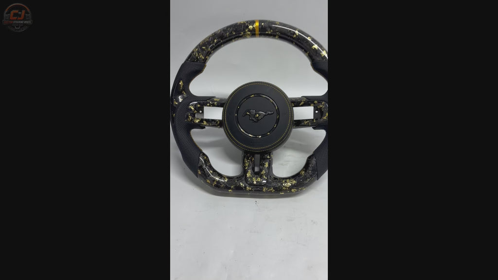 FOR Ford Mustang S550/GT 2015-2023 Carbon Fiber Steering Wheel - Gold Forged Carbon Fiber & Black Perforated Leather & Airbag Cover - CJ Mod Garage & Video Showcase