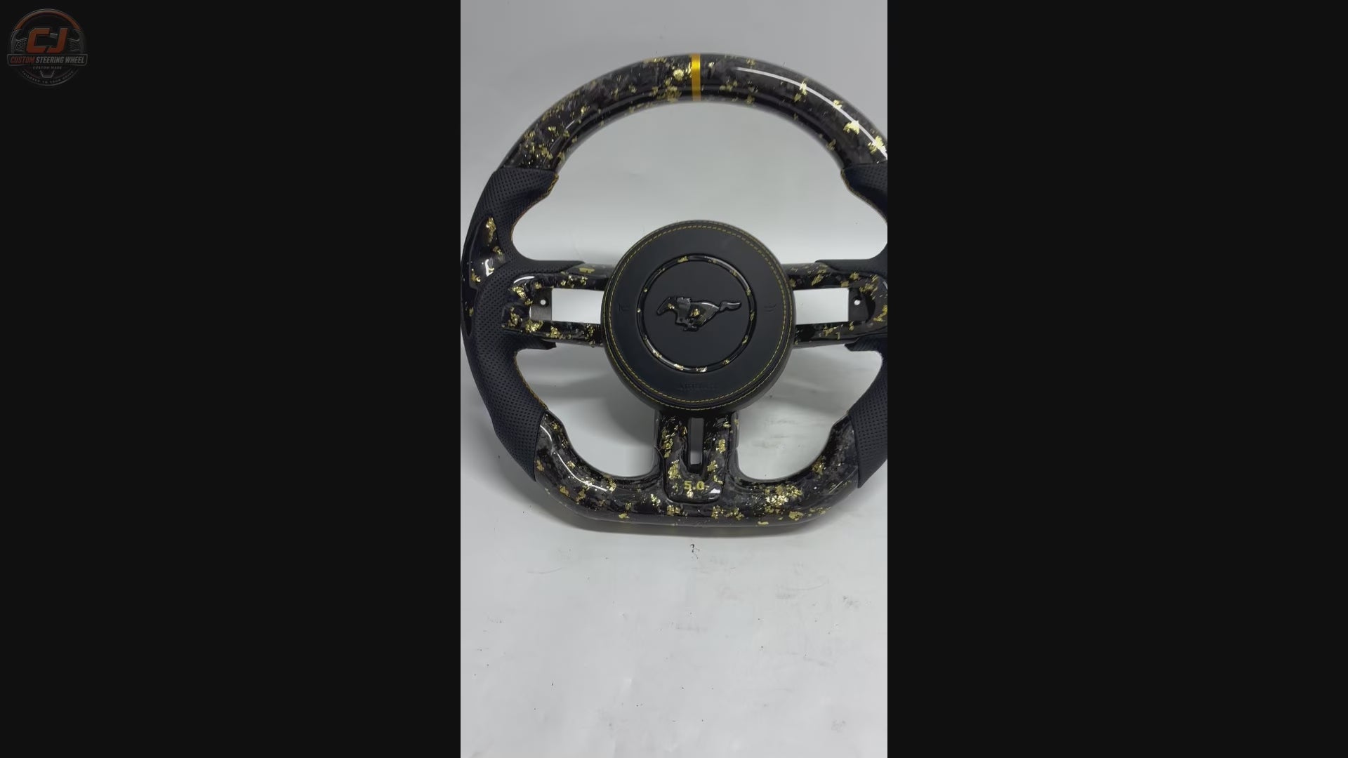 FOR Ford Mustang S550/GT 2015-2023 Carbon Fiber Steering Wheel - Gold Forged Carbon Fiber & Black Perforated Leather & Airbag Cover - CJ Mod Garage & Video Showcase