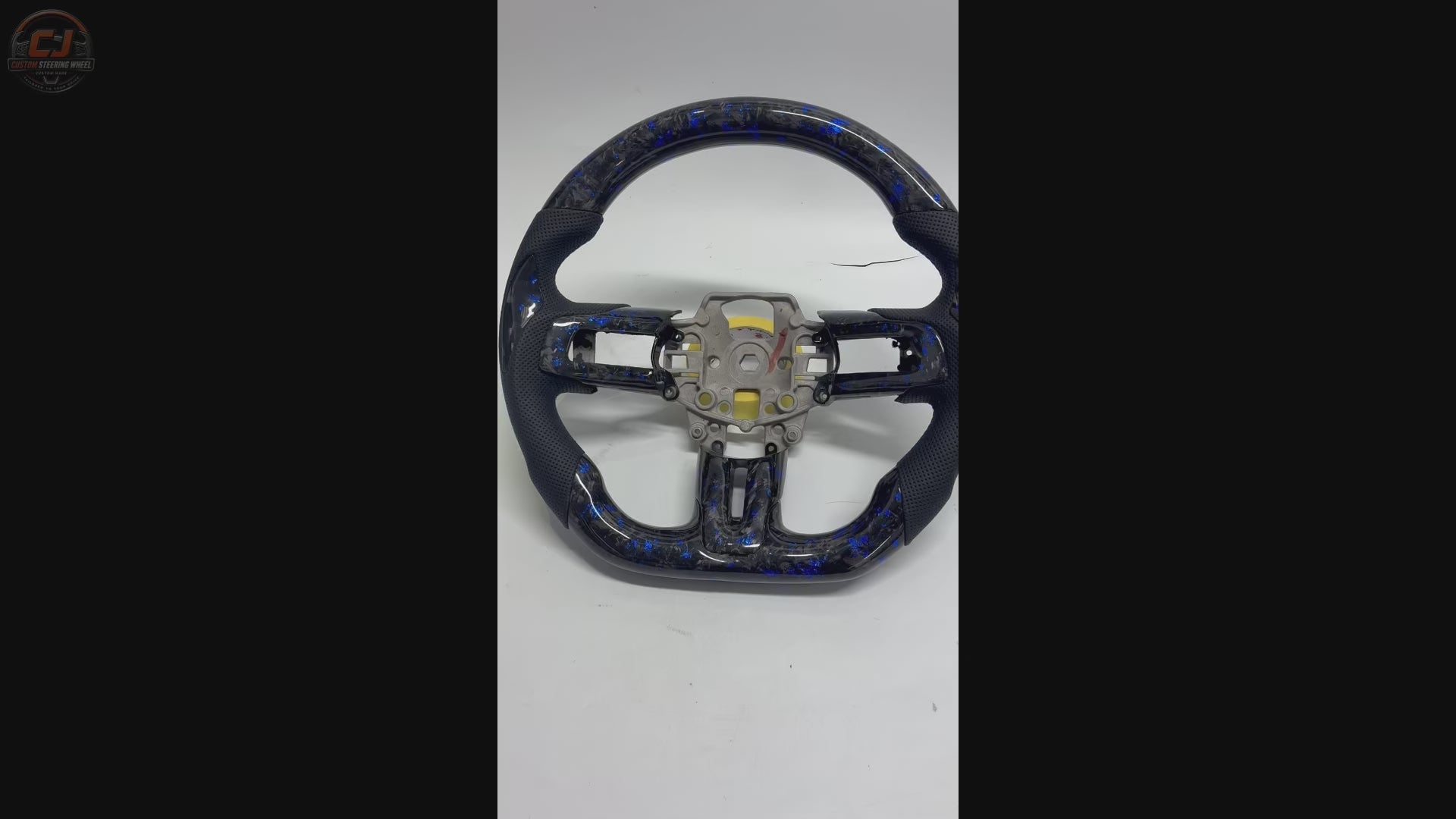 FOR Ford Mustang S550/GT 2015-2023 Carbon Fiber Steering Wheel - Blue Forged Carbon Fiber & Black Perforated Leather - CJ Mod Garage & Driving Scene Images & Video Showcase