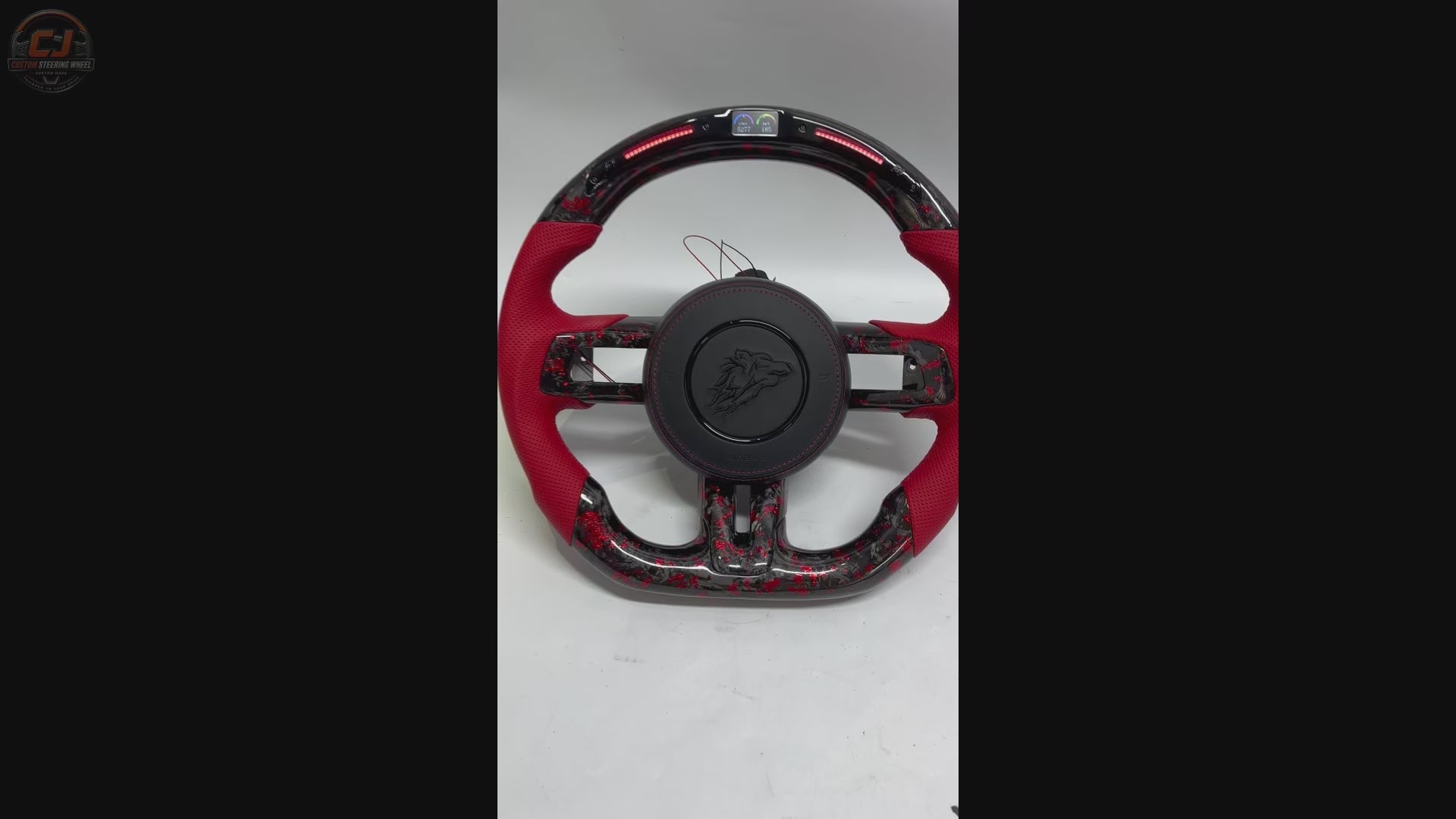 FOR Ford Mustang S550/GT 2015-2023 Carbon Fiber Steering Wheel - Red Forged Carbon Fiber & Red Perforated Leather & Airbag Cover - CJ Mod Garage & Video Showcase