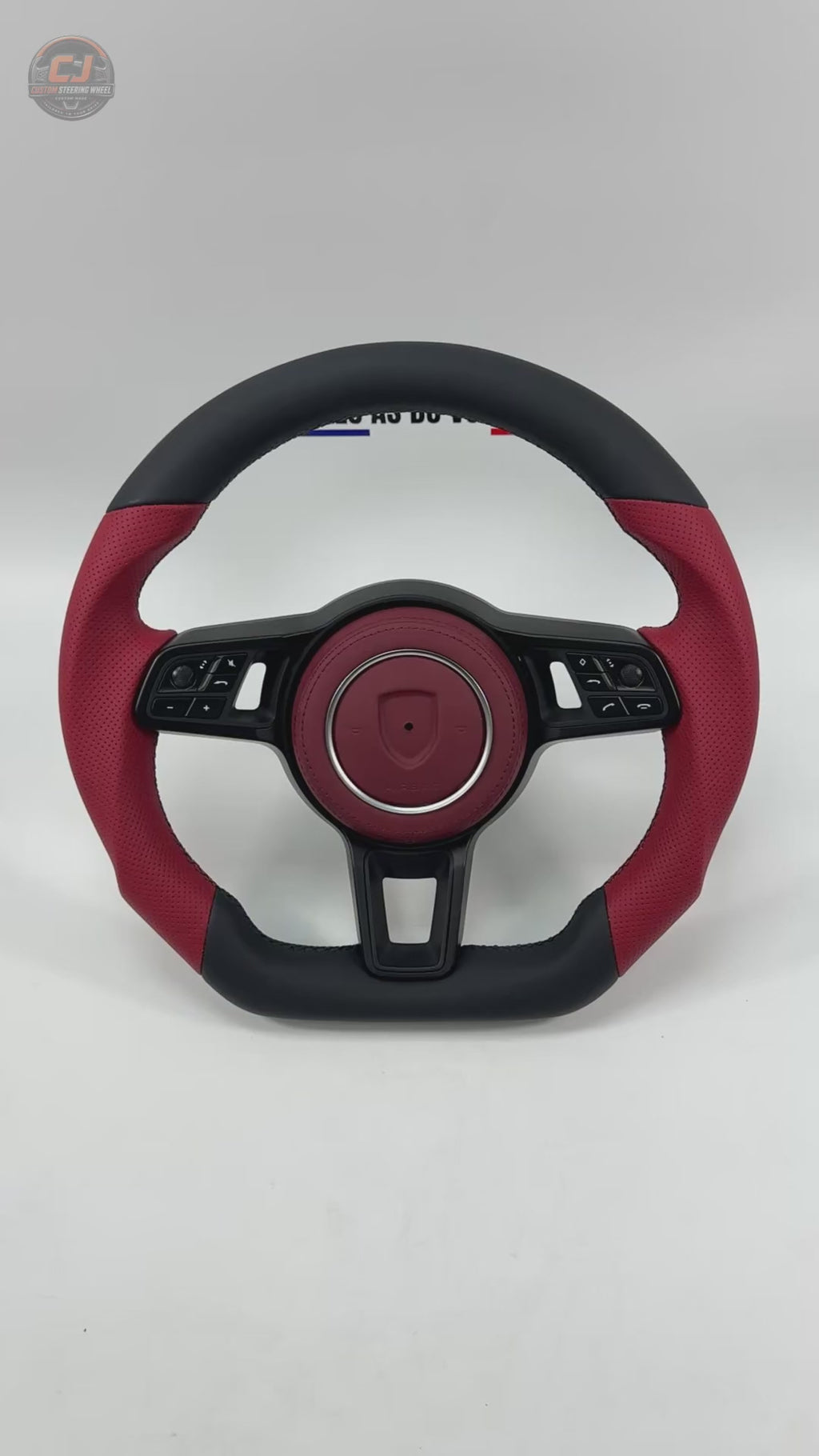 Porsche Custom Leather Steering Wheel Video Showcasing Red Perforated Side Grips Black Nappa Leather Airbag Cover Integrated Controls and Sport Styling for Panamera Cayenne Macan Taycan CJ Mod Garage