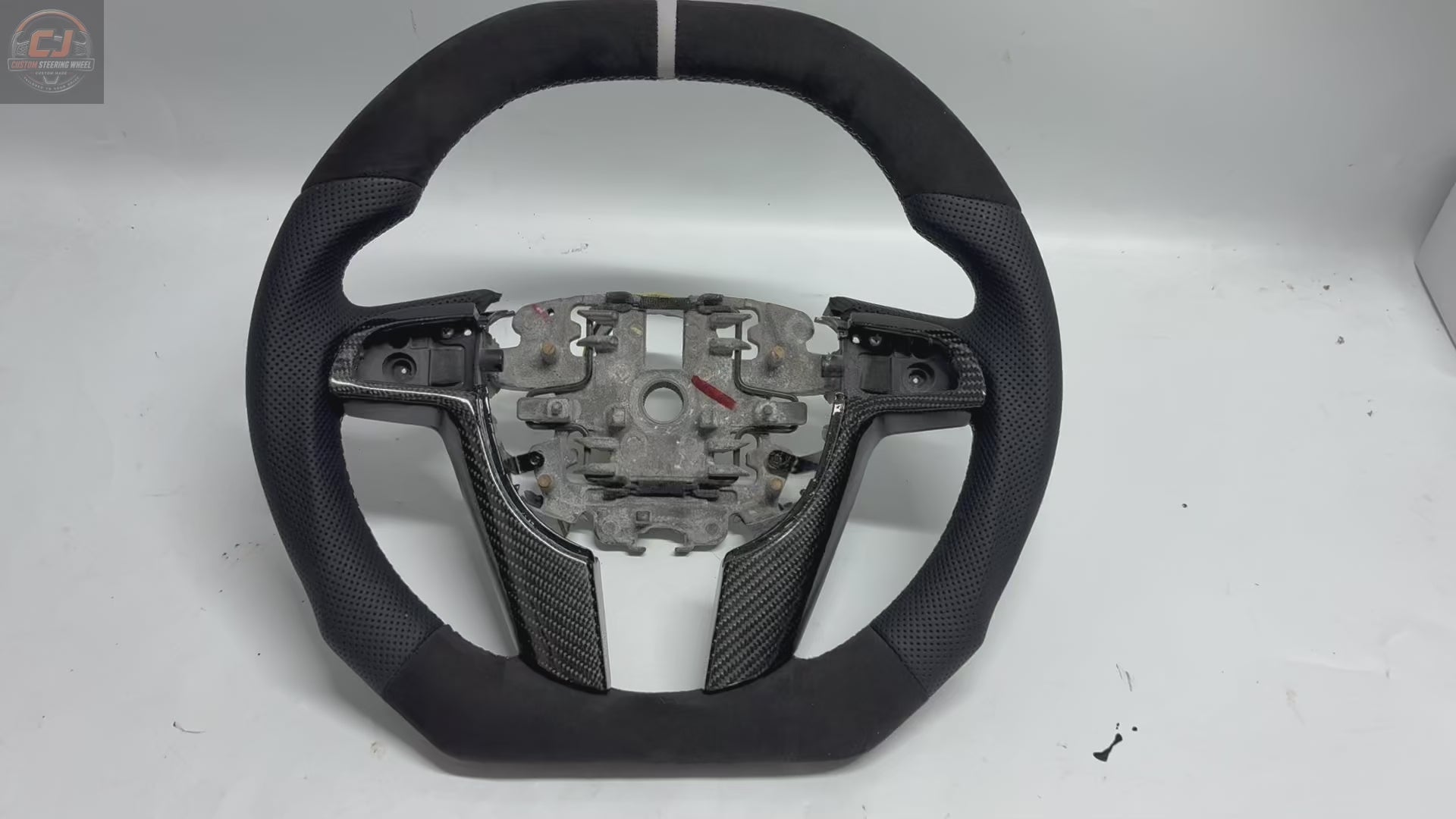 FOR Holden Commodore VE/Pontiac G8 Steering Wheel - Black Alcantara & Black Perforated Leather & White Stripe at 12 o'clock - CJ Mod Garage & Video Showcase